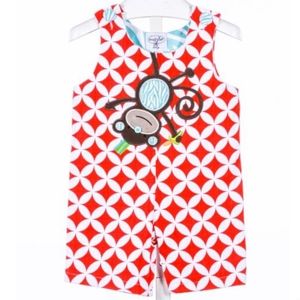 MUD PIE RED PRINT APPLIQUED JON JON/ SHORTALL WITH MONKEY 9-12 months